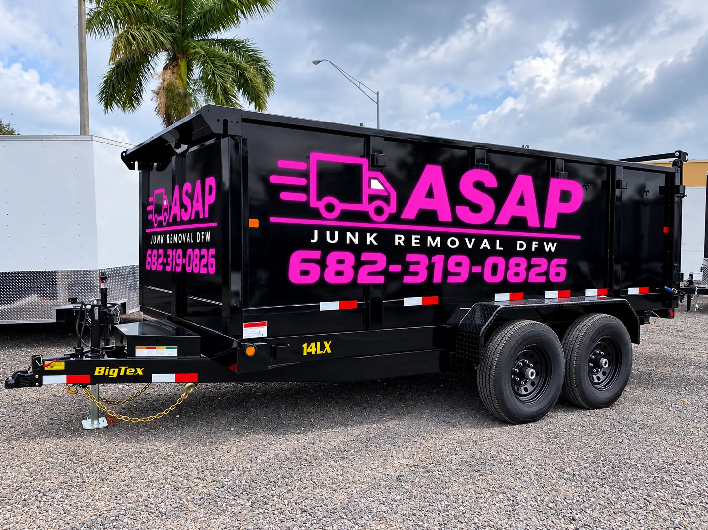 ASAP Junk Removal DFW 15-yard black dump trailer with pink logo and phone number